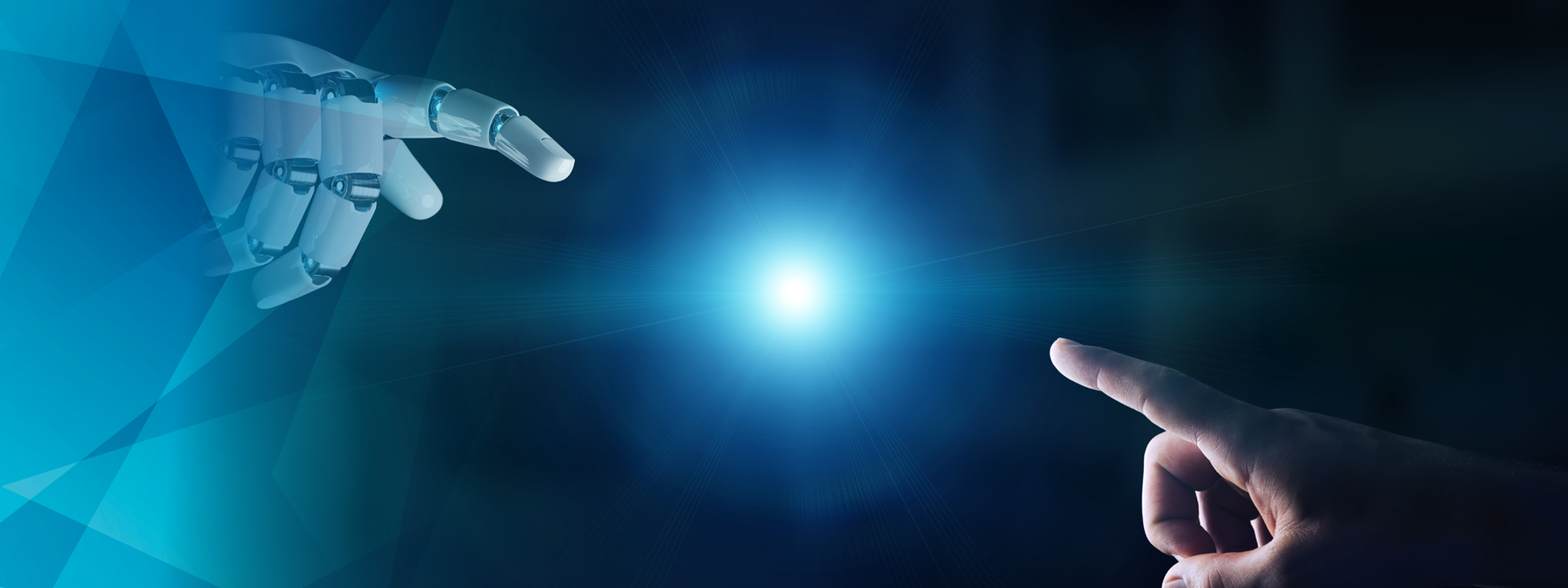 On the left a robot hand, on the right a human hand, both pointing to the centre of a bright luminous dot.
