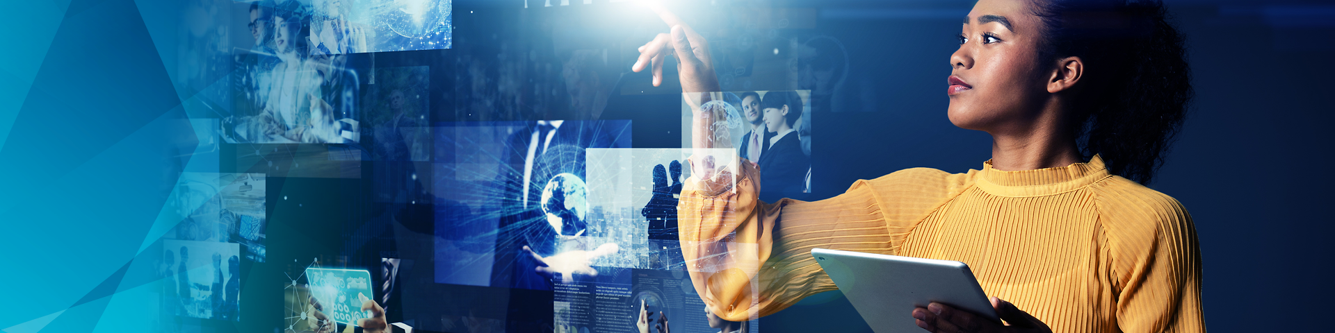 Woman with tablet in hand, pointing to various digital images