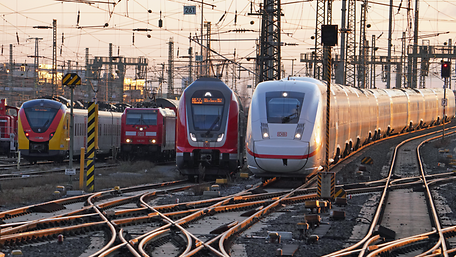 Verschiedene Züge nebeneinander bei der Einfahrt in einen Bahnhof