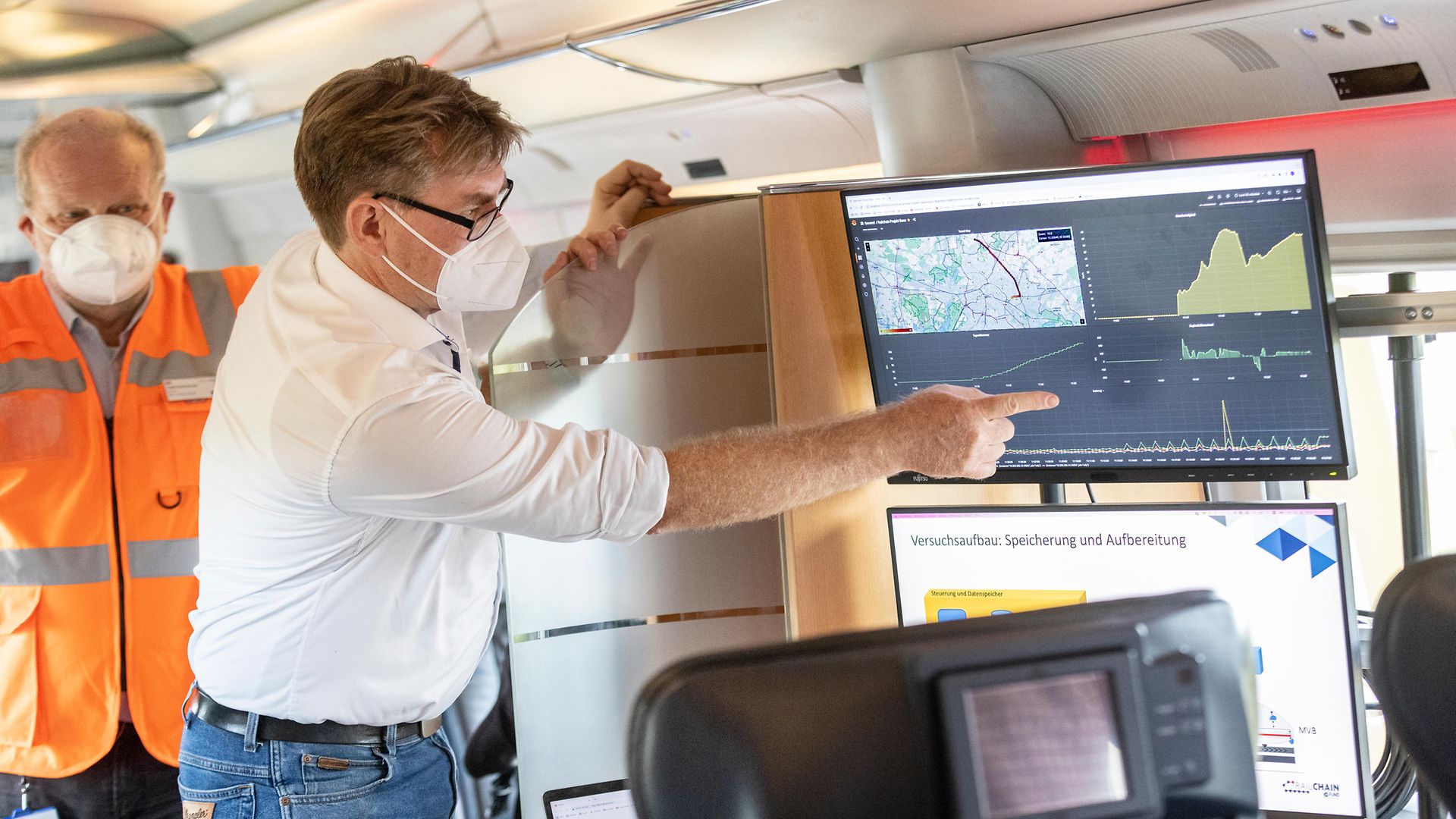 Mann in Zug zeigend auf Bildschirm mit Datendiagrammen