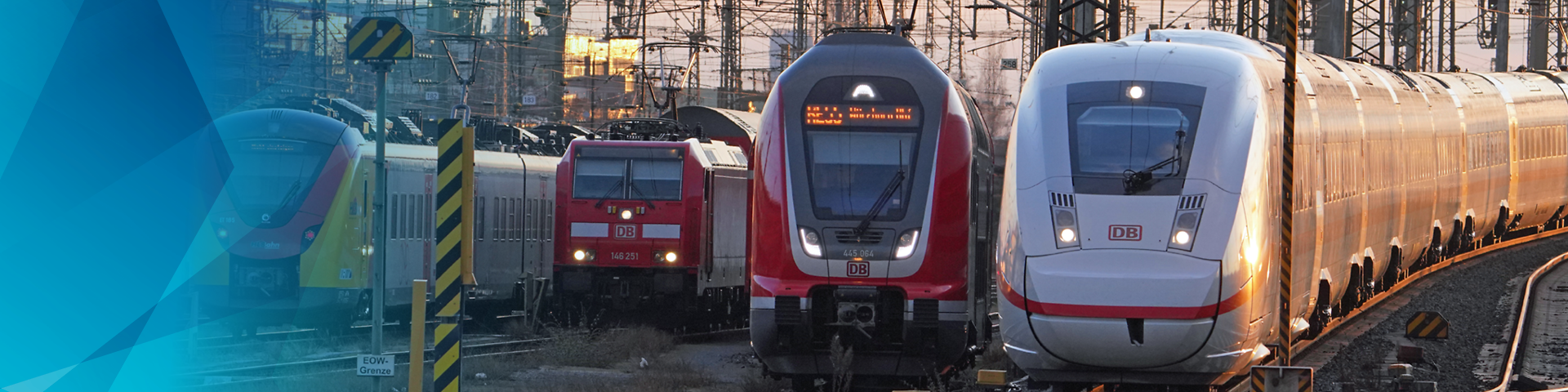Verschiedene Züge nebeneinander bei der Einfahrt in einen Bahnhof