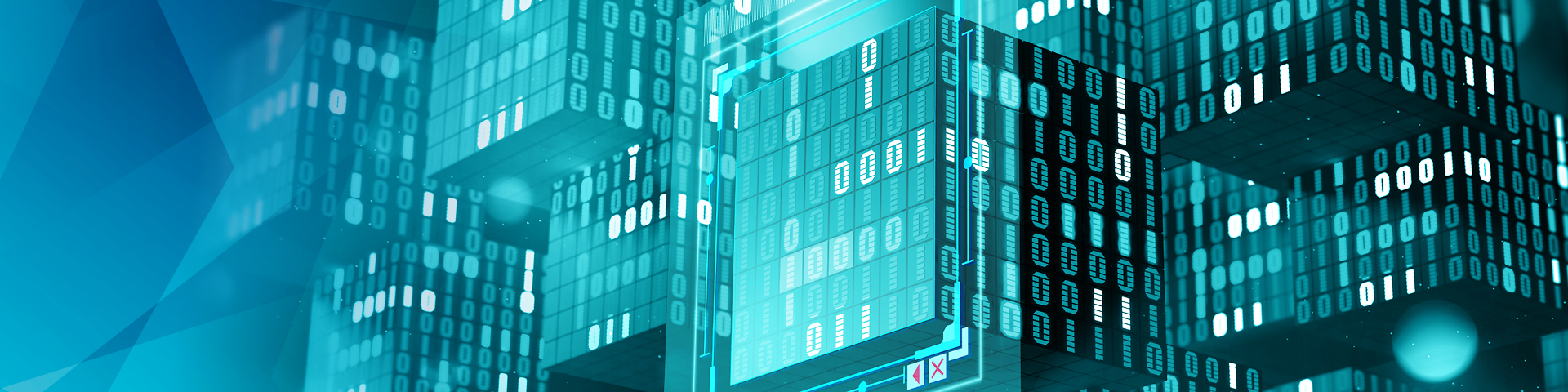 Blockchain-Würfel mit Binärcode im digitalen Raum 