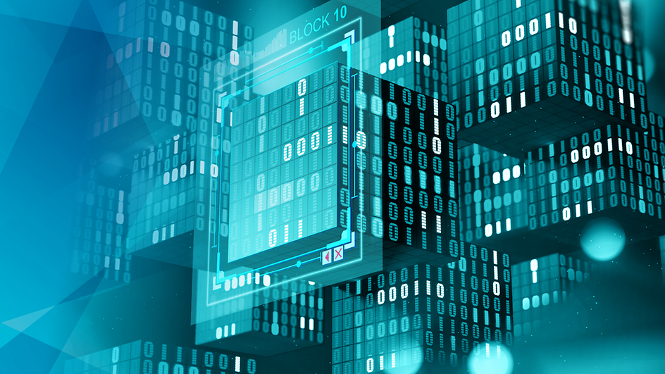 Blockchain-Würfel mit Binärcode im digitalen Raum 